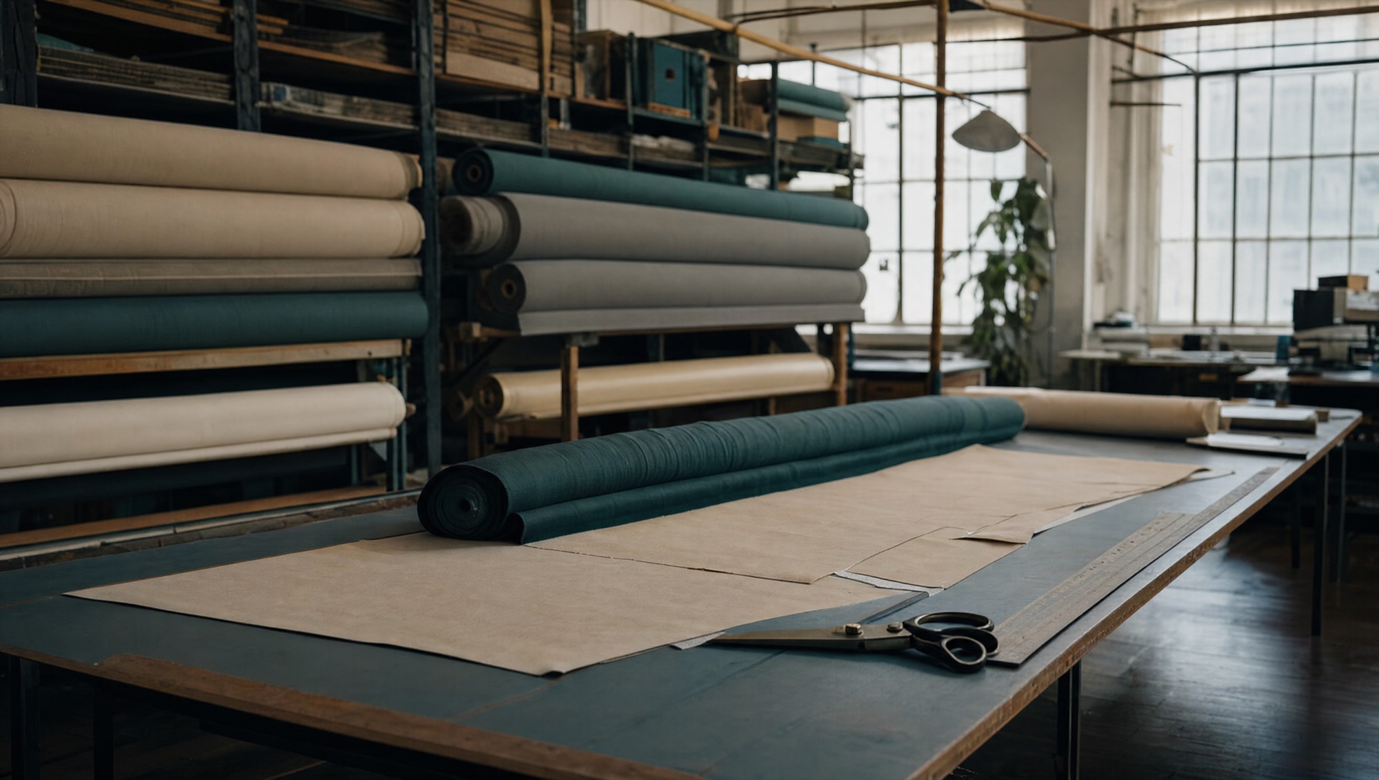 Rolled fabric bolts in teal, grey and cream stacked on a garment-district cutting table, with shears, a paper pattern and a metal ruler laid out for cutting.