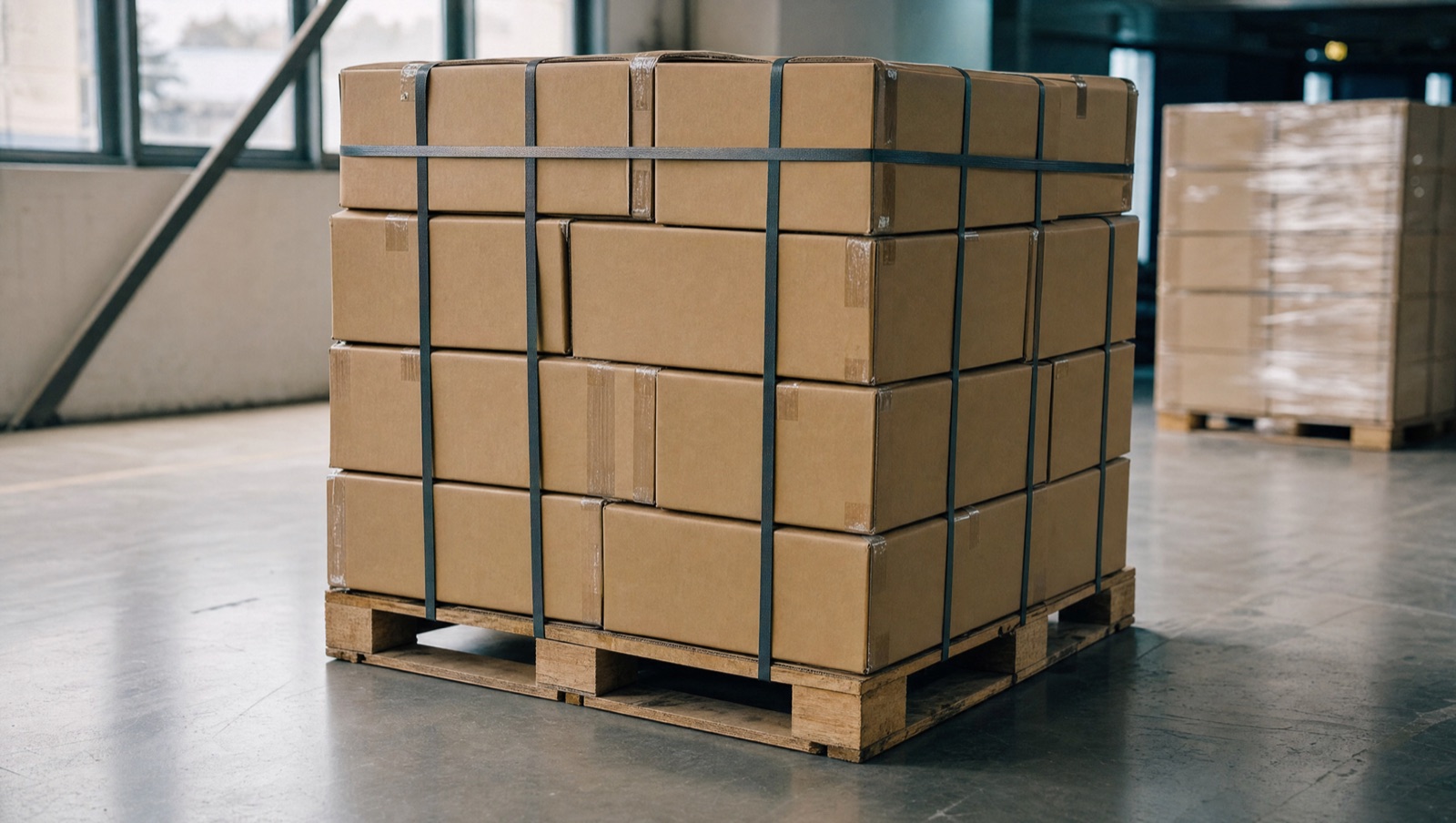 A shrink-wrapped, strapped pallet of export cartons in a warehouse, with a second wrapped pallet in the background.