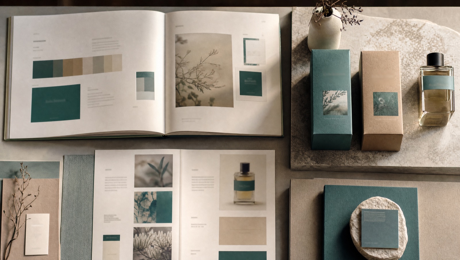 An open brand guideline book showing a colour palette and layout spread, next to teal and kraft perfume cartons and a labelled glass bottle on a stone surface.