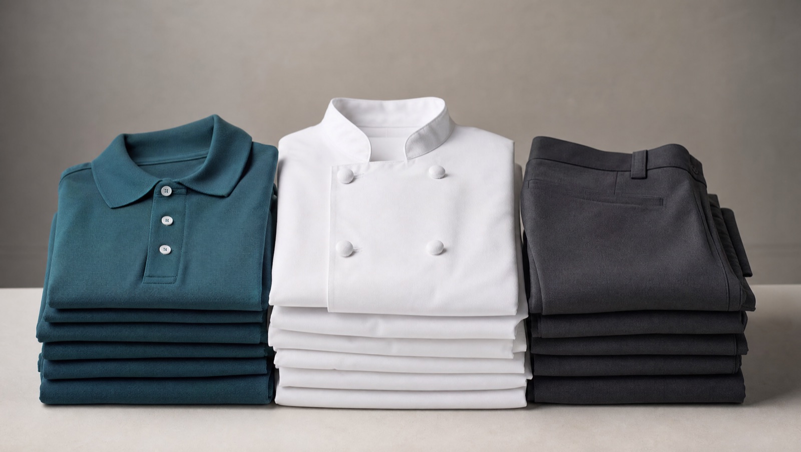 Folded stacks of a teal polo shirt, a white chef coat and charcoal trousers standing side by side against a plain backdrop.
