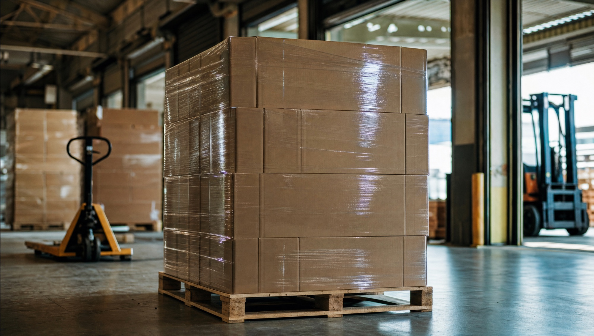 A plastic-wrapped pallet of cartons in a warehouse loading bay, with a pallet jack, other stacked pallets and a forklift beyond the open shutter.