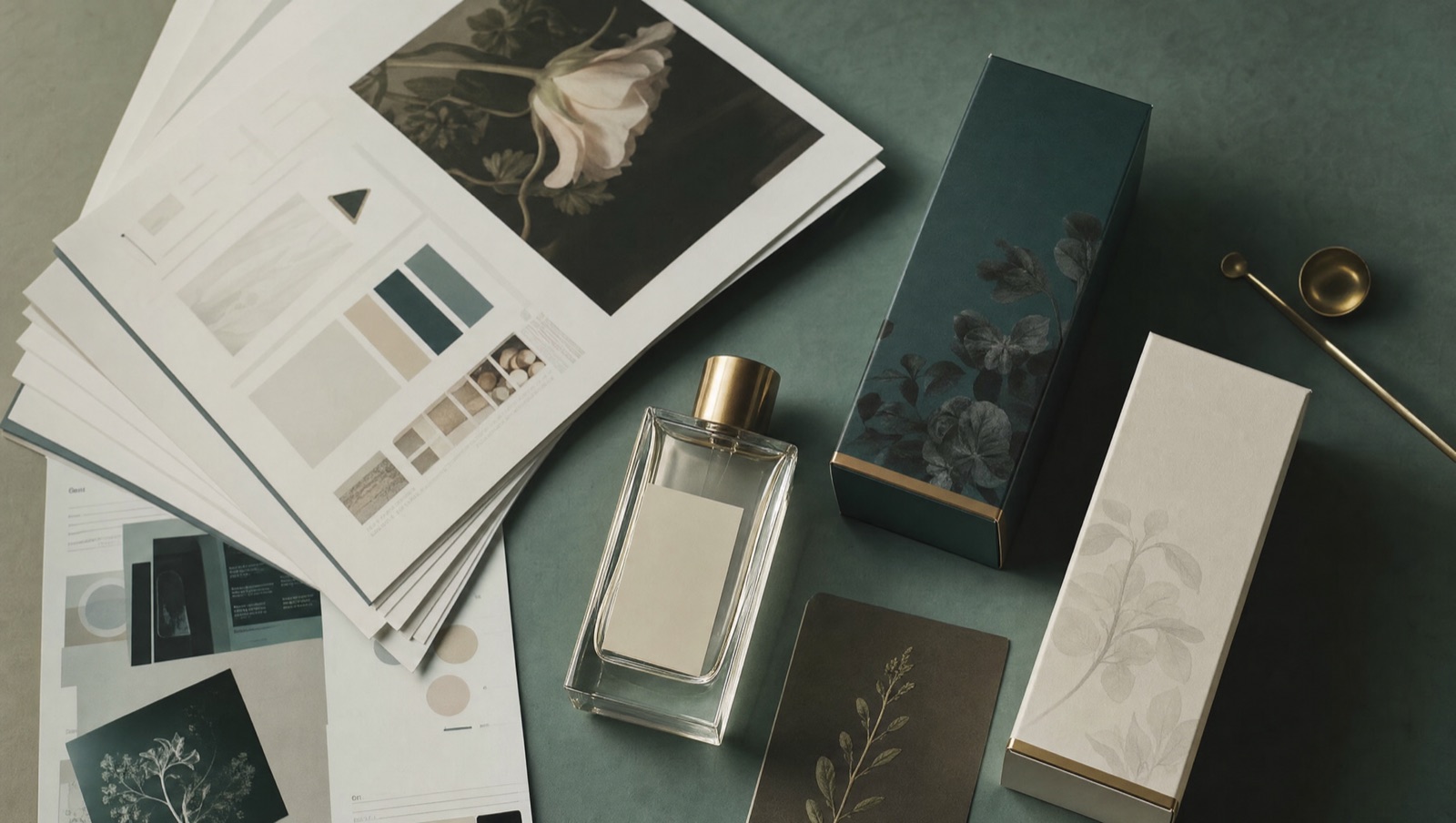 A perfume bottle with a blank label, two fragrance cartons and moodboard print-outs of colour swatches and botanical imagery laid flat on a table.