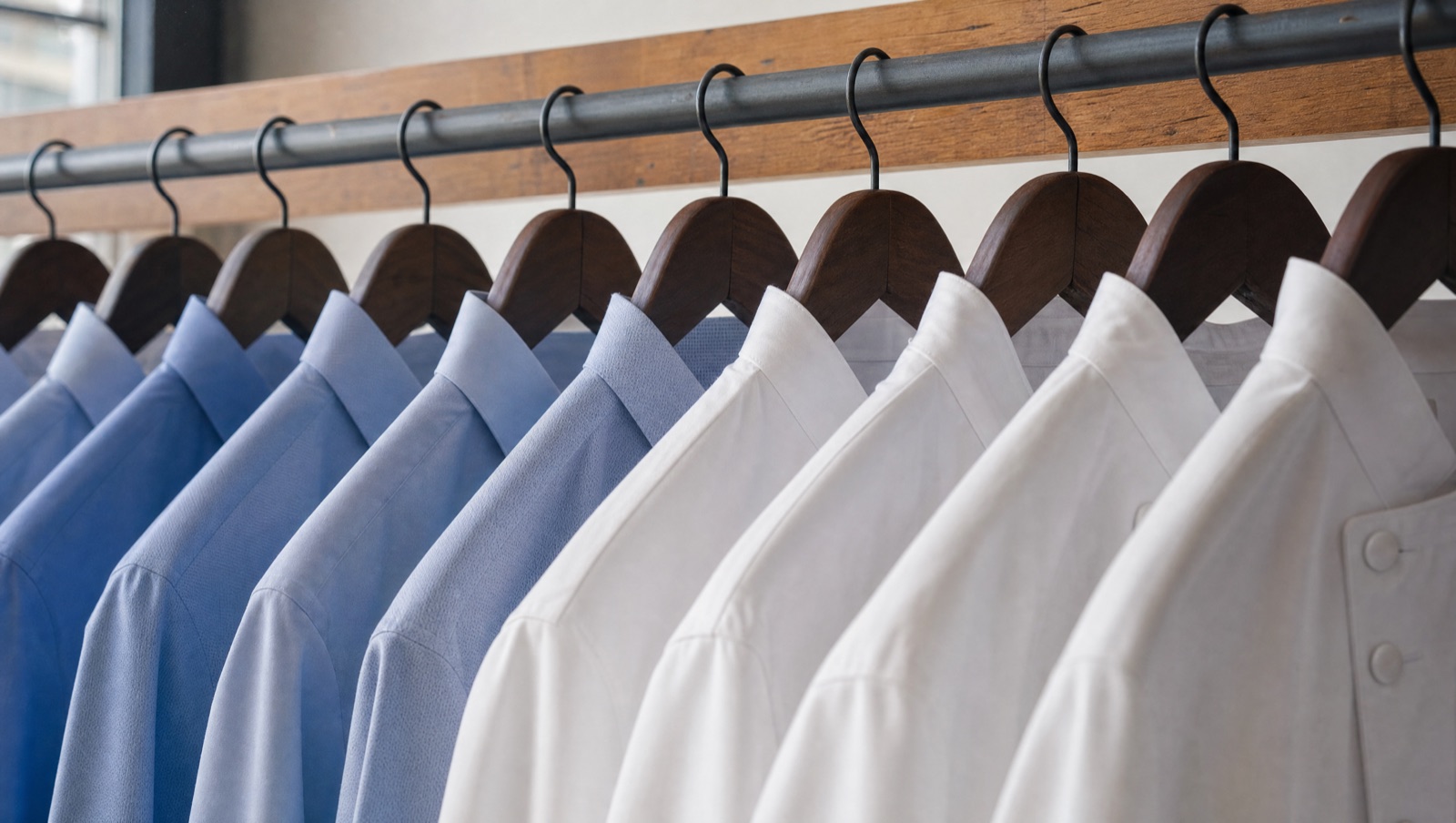 A close-up row of shirts in graduated blue and white shades hanging on wooden hangers.
