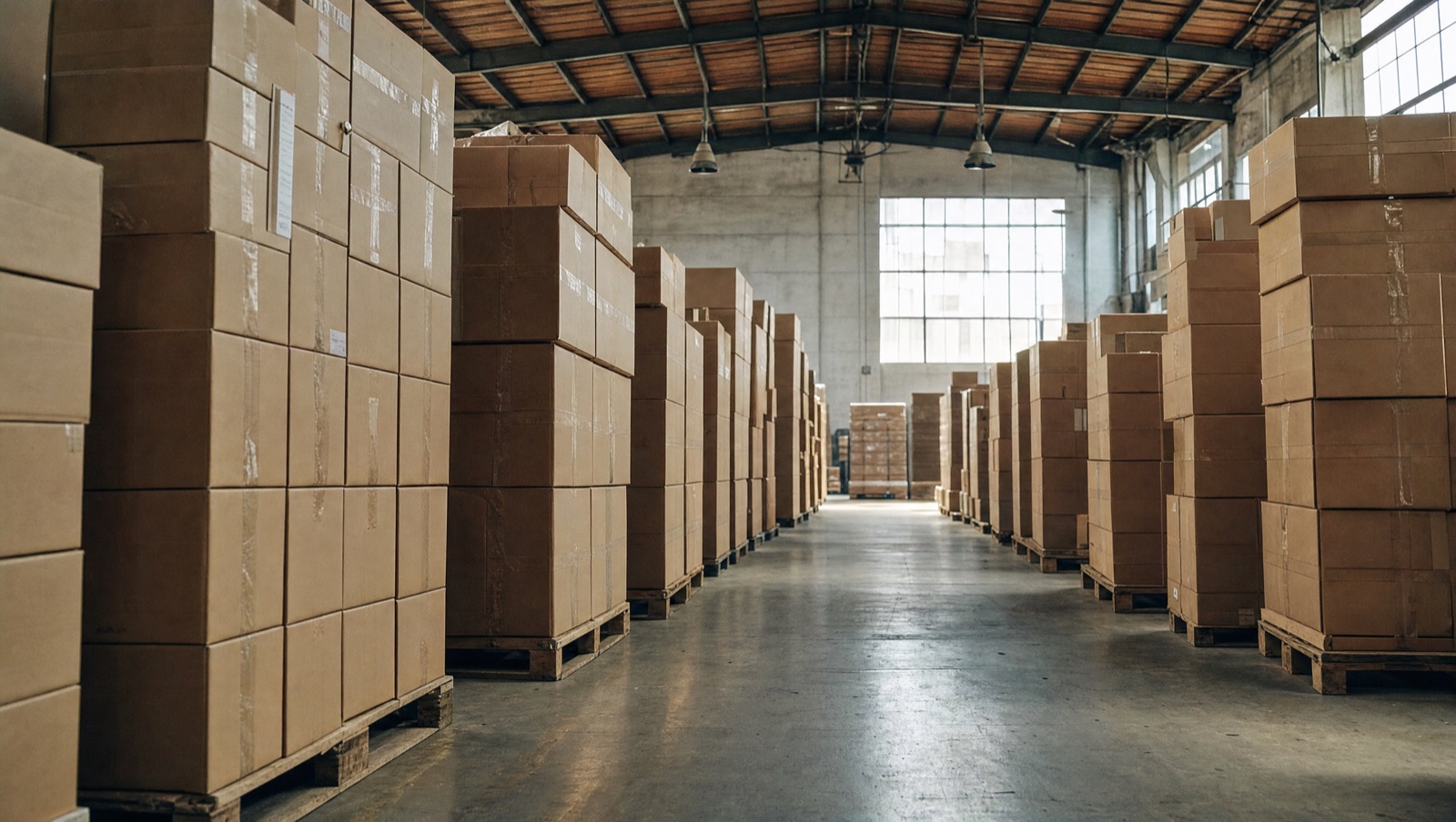 Rows of stacked cardboard cartons on pallets lining a warehouse aisle.