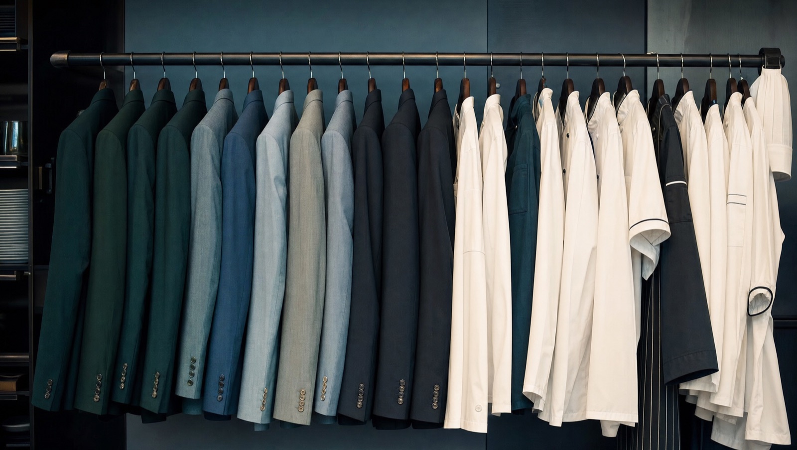 A hanging lineup of jackets and shirts in dark green, blue, grey and white, transitioning from tailored jackets to chef coats along the rail.