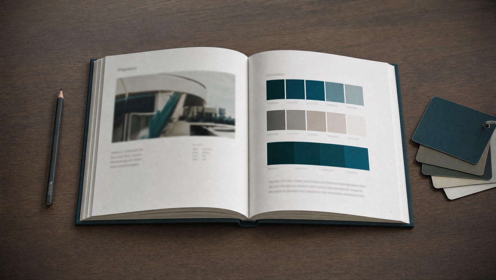 An open brand guideline book on a desk showing a photograph and a page of colour swatches, with a pencil and a stack of colour cards beside it.