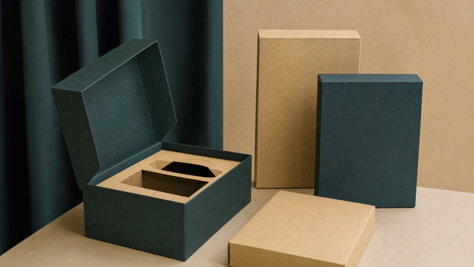 An open dark green rigid gift box with a fitted insert, next to closed kraft and dark green rigid boxes of different sizes on a two-tone backdrop.